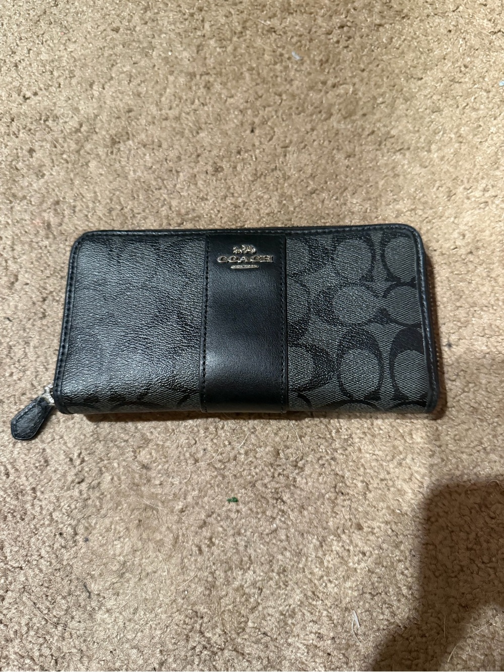 Coach Black Signature Zip Wallet with Leather Trim